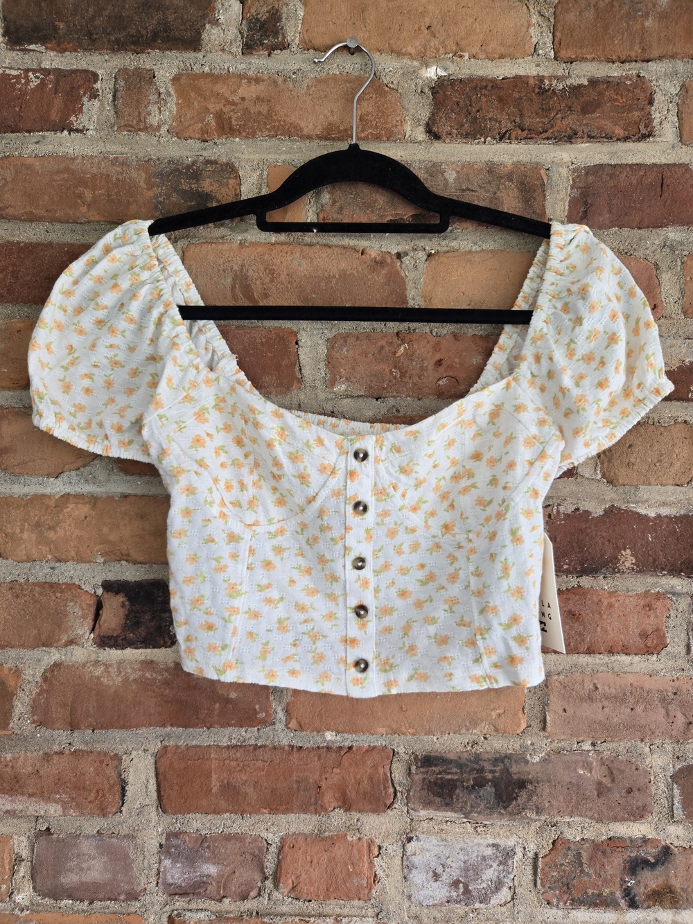 Billabong White Crop Top with Yellow Floral Print and Button Front